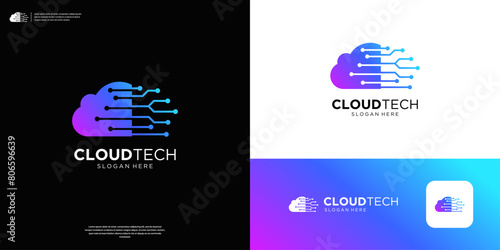 Tech cloud logo with circuit dot symbol transfer database, server, app logo design.