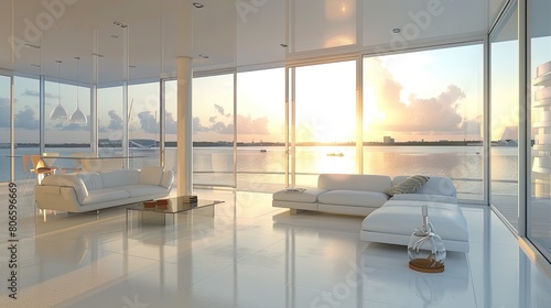 The contemporary design of a white living room  with glass walls providing a sweeping view of the bay at sunrise
