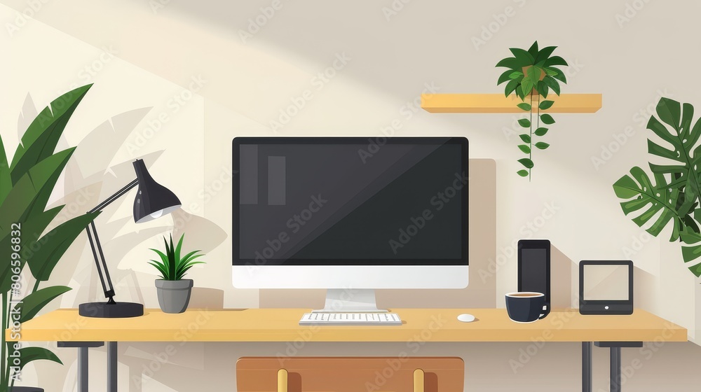 work from home setup with iMac, lamp, plants, and supplies on desk work from home setup with iMac, lamp, plants, and supplies on desk