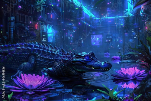 Glowing lilies and mechanical fish coexist peacefully in the neon swamp  while the cyberpunk alligator silently surveys from below