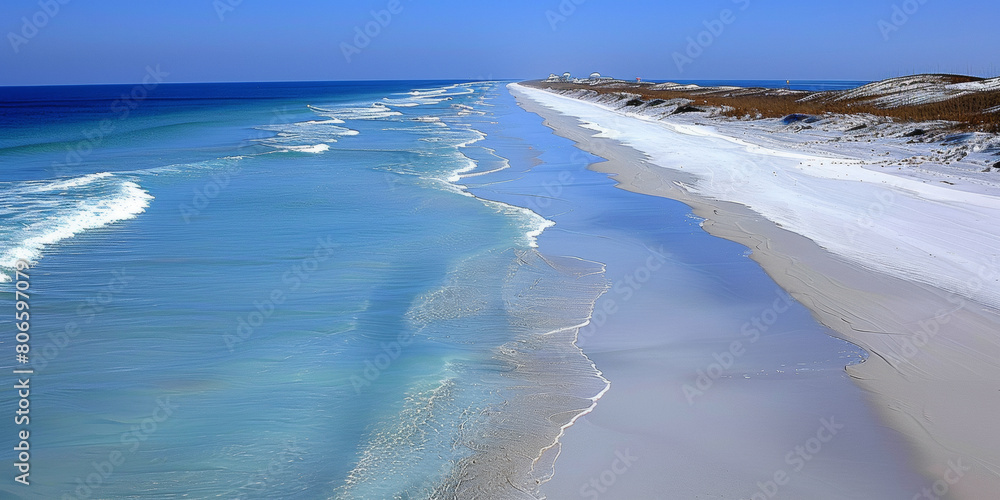 A beach with a blue ocean and white sand