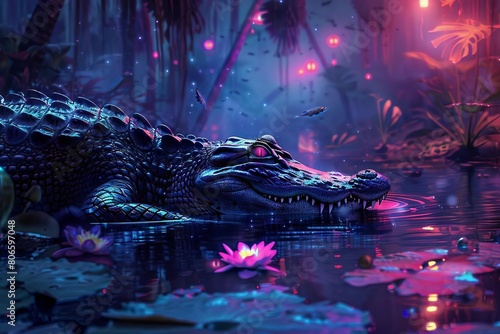 Glowing lily petals drift onto the shore of the neon swamp as the cyberpunk alligator surveys its domain