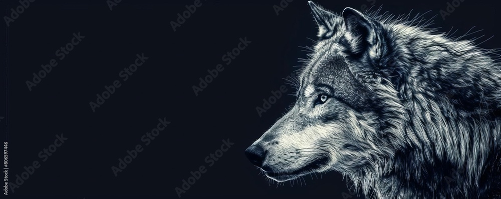 Fototapeta Artistic wolf wallpaper with a detailed ink sketch of a wolfs face, set against a stark black background for dramatic effect