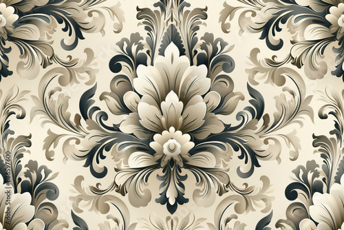 An elegant and detailed damask pattern with a large floral design in grey, cream and beige colors. Created with Ai