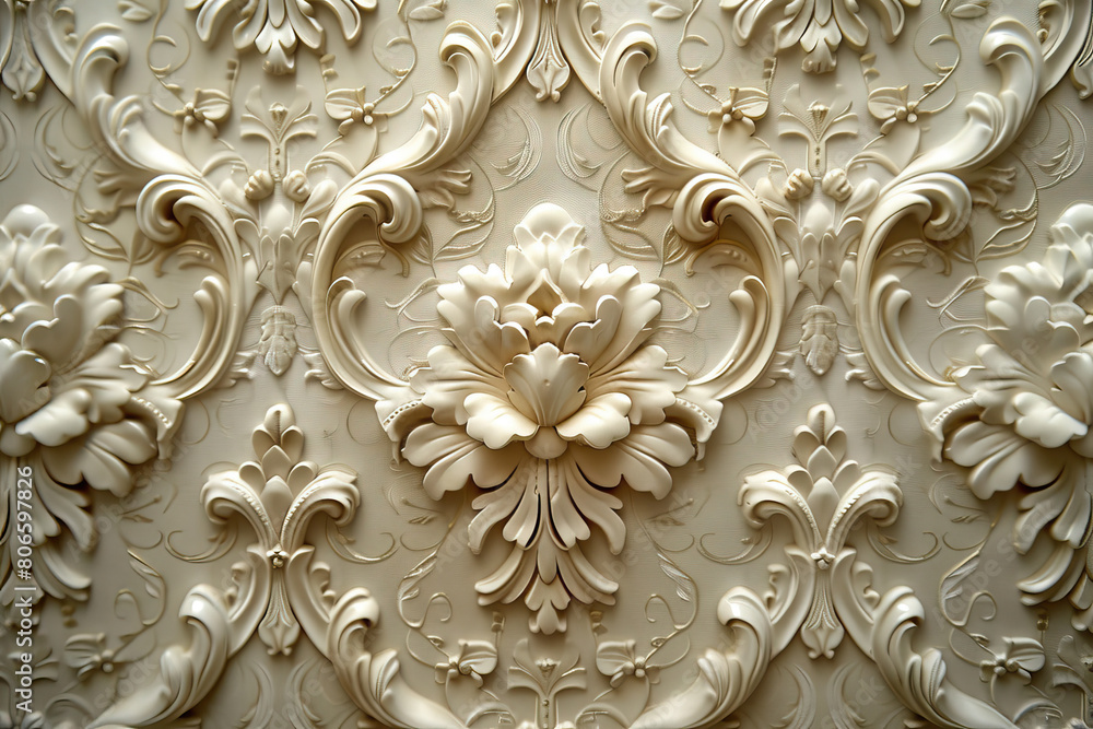 Highly detailed photo of an intricate plaster wall design with decorative floral patterns and symmetrical motifs, showcasing the artistry in the style of interior decoration. Created with Ai