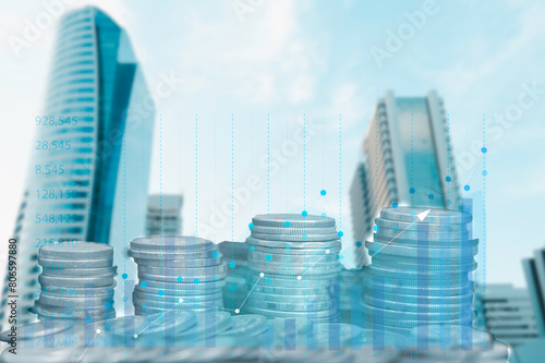 Stacks of money between city buildings, symbolizing the prosperity of business and the economy, concept of financial investment and real estate