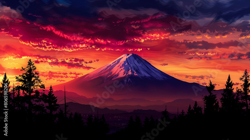 Painting of Mount Fuji at Sunset