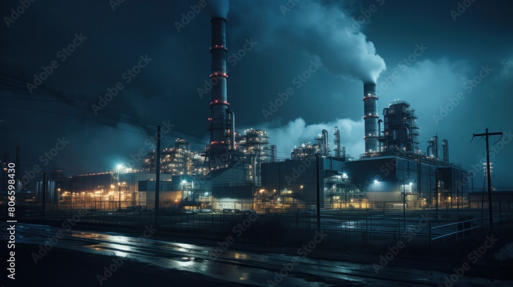 Fototapeta premium Gas power plant and factory building at night Gives out a lot of smoke.