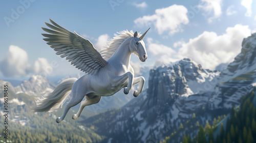 White Unicorn Soars Over Mountains © lasalus
