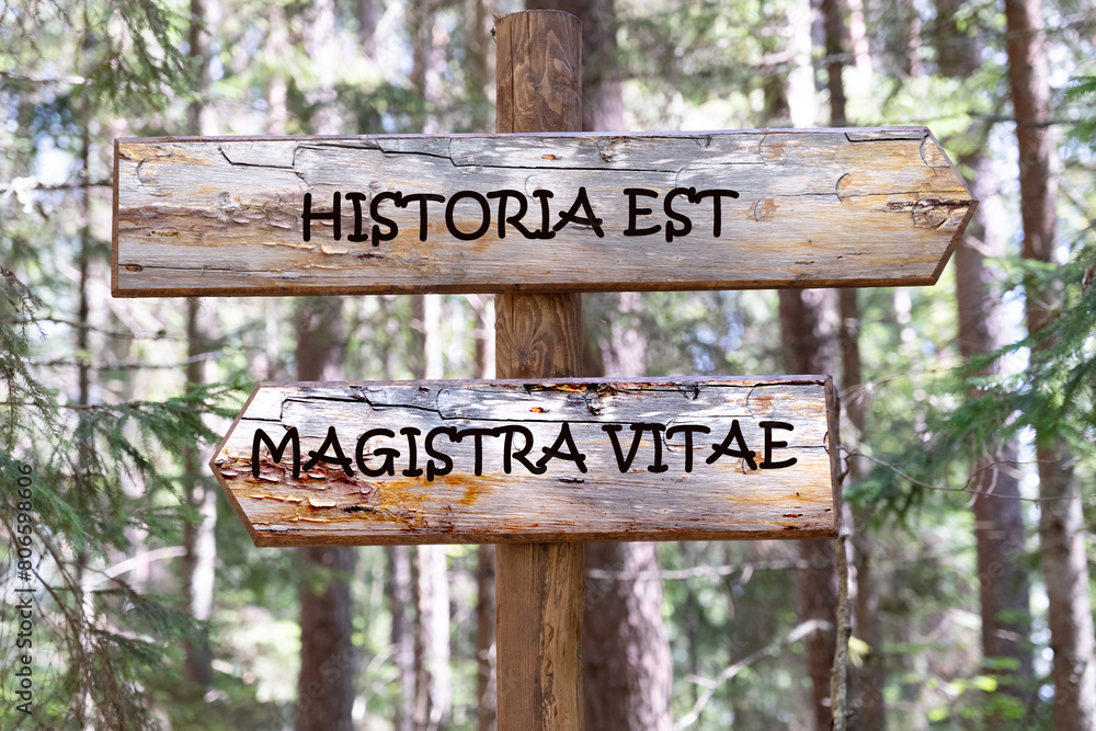 Historia est vitae magistra (History is the tutor of life) Latin phrase, inscription on the wooden signpost against the background of the forest