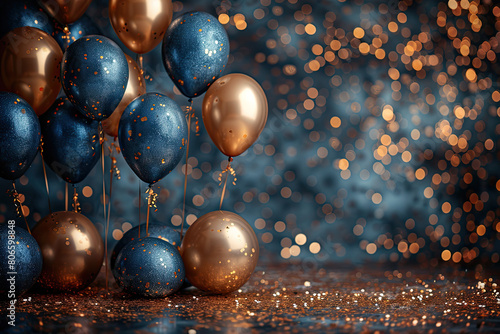 Fancy dark blue and gold balloons backdrop with golden confetti on the floor  bokeh lights. Created with Ai