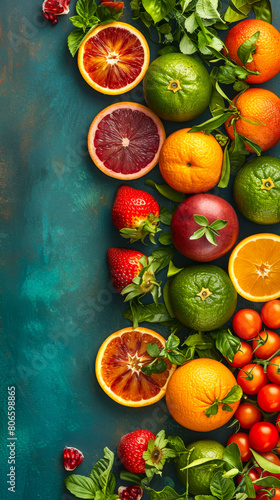 A colorful assortment of fruits and vegetables  including oranges  strawberries