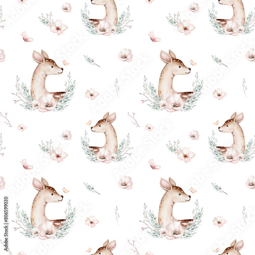 Watercolor Woodland animals seamless pattern. Fabric wallpaper forest with baby deer trees. bird baby animal Nursery backgrouns