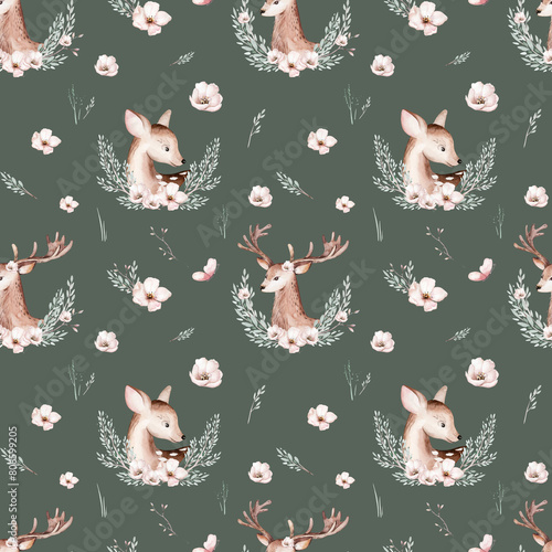 Watercolor Woodland animals seamless pattern. Fabric wallpaper forest with baby deer trees. bird baby animal Nursery backgrouns © kris_art