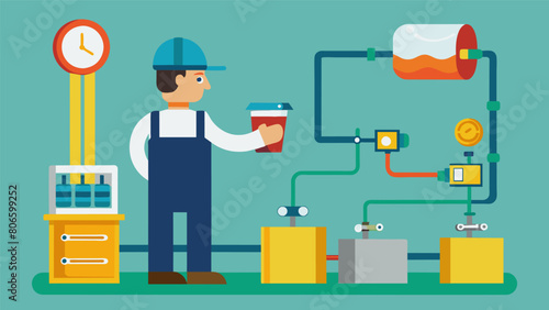 Final touches being made to the system such as painting and labeling pipes and equipment.. Vector illustration