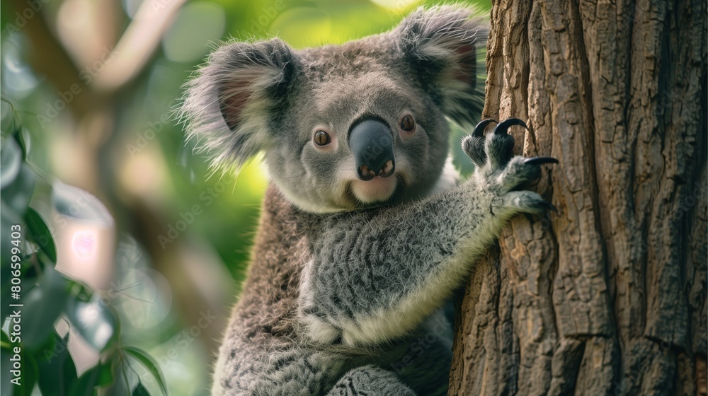 Image of a koala climbing a tree and looking at the camera. Image of a koala climbing a tree and looking at the camera.