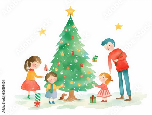 Christmas tree decorating, family decorating a Christmas tree