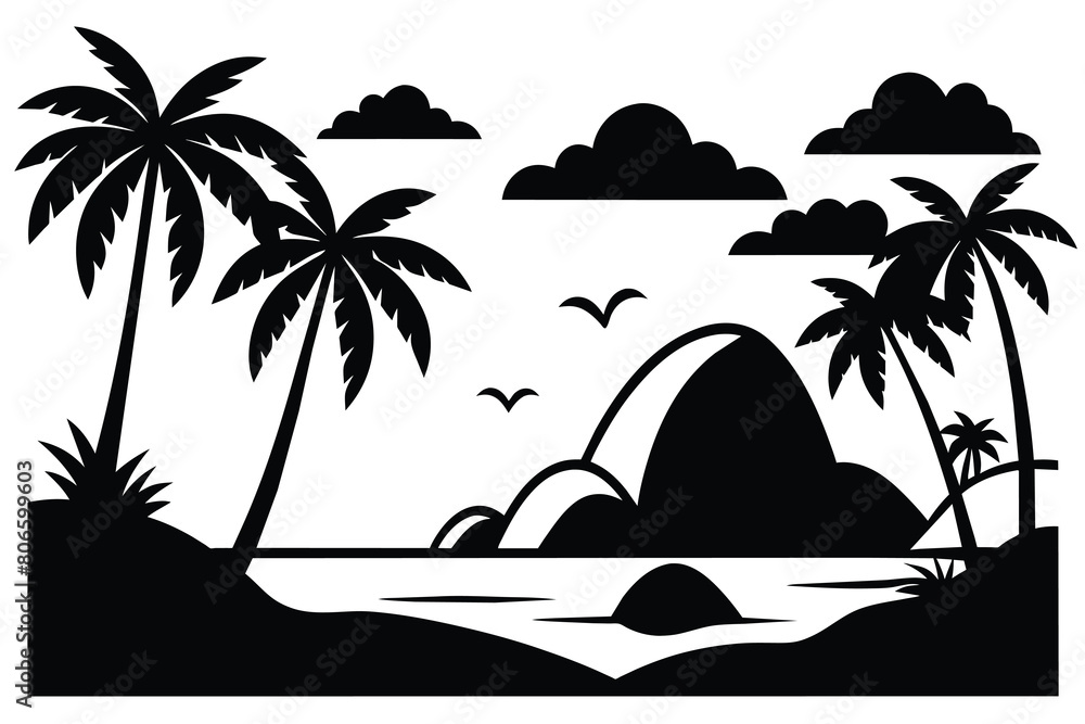 Tropical beach landscape with palm trees and rocks on the seashore cartoon vector illustration