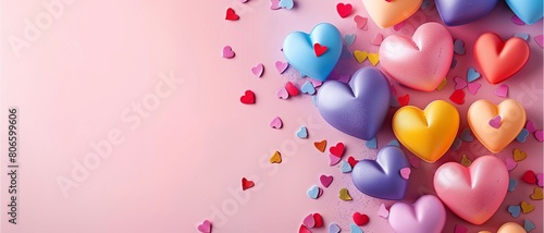This sentence captures the essence of the image by mentioning the colors of the balloons, their movement, and the romantic occasion they represent It is concise and descriptive, using fewer 