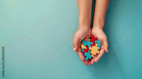 World Autism Awareness Day Minimalist of Adult and Child Hands Piecing Together a Puzzle Heart Generative ai photo