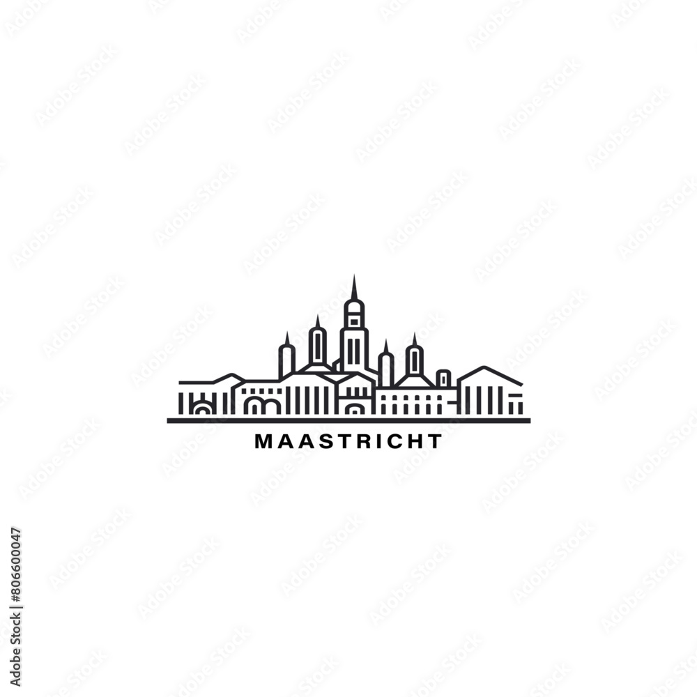 Maastricht cityscape skyline city panorama vector flat modern logo icon. Netherlands, Holland town emblem idea with landmarks and building silhouettes. Isolated thin line graphic Maastricht cityscape skyline city panorama vector flat modern logo icon. Netherlands, Holland town emblem idea with landmarks and building silhouettes. Isolated thin line graphic