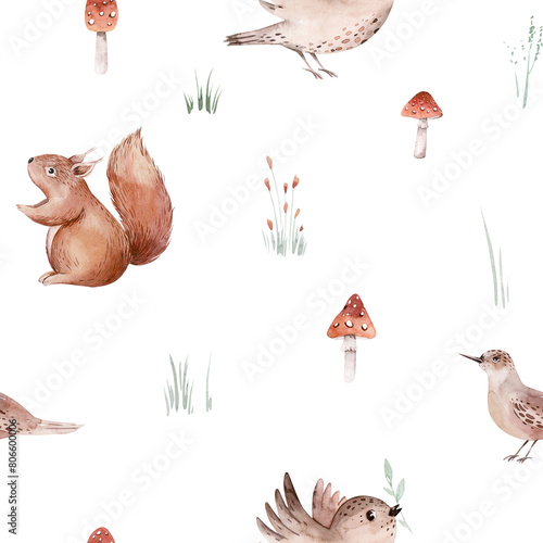 Watercolor Woodland animals seamless pattern. Fabric wallpaper forest with baby deer. Owl, fox and butterfly, Bunny rabbit set of forest, bear and bird baby animal Nursery © kris_art
