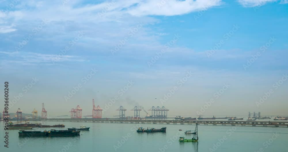 Time-lapse Logistic shipping quay boat Engineering crane depot at logistic export terminal control. Warehouse freight container yard loading quayside harbor port. Multiple Exposure Motion timelapse Time-lapse Logistic shipping quay boat Engineering crane depot at logistic export terminal control. Warehouse freight container yard loading quayside harbor port. Multiple Exposure Motion timelapse
