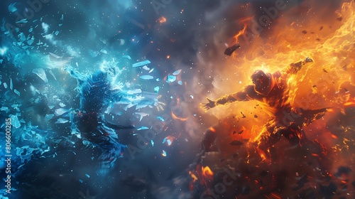 Two shadows are fighting in the theme of fire and ice.