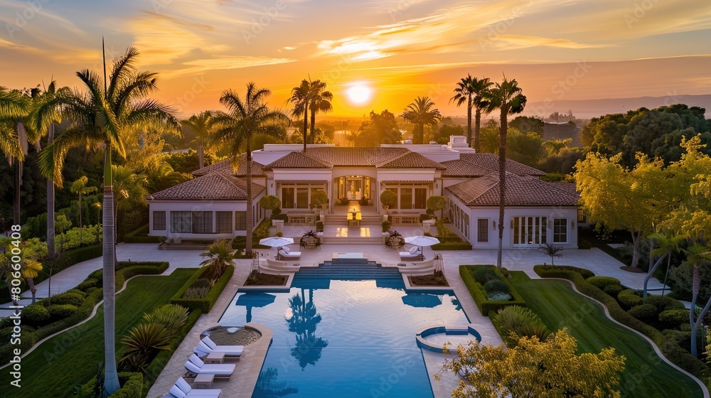 The golden sunrise casting a warm glow over a sprawling luxury pool home surrounded by palm trees