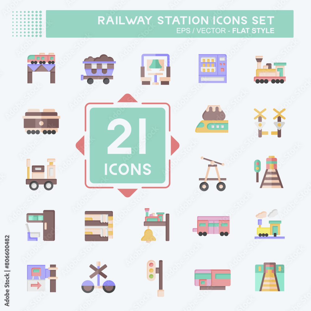 Obraz premium Icon Set Railway Station. related to Train Station symbol. flat style. simple design illustration