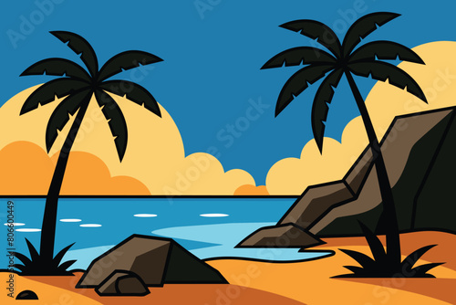 Tropical beach landscape with palm trees and rocks on the seashore cartoon vector illustration