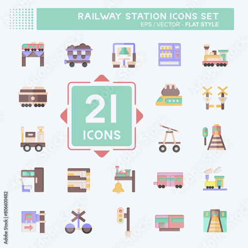 Icon Set Railway Station. related to Train Station symbol. flat style. simple design illustration
