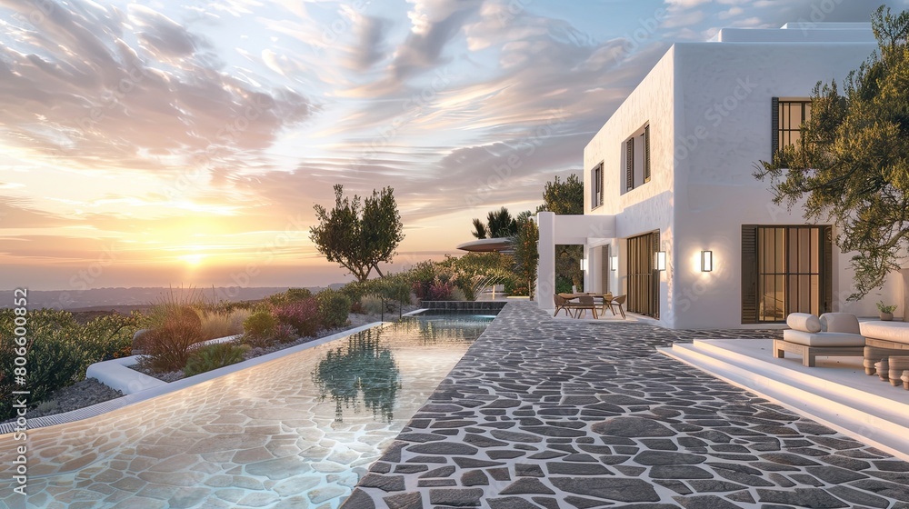 The harmonious blend of a white villa's exterior, with a pool that merges with the sky and a garden that melds with the land, captured at golden hour
