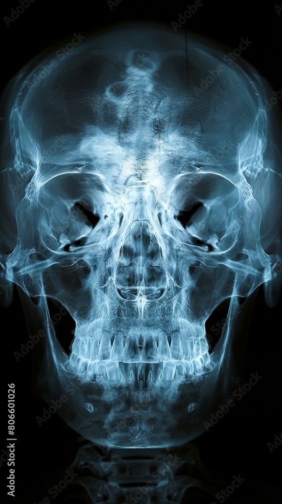 Fototapeta premium X-ray image showcasing a human skull, detailed view of cranial structure, in a dark background --ar 9:16 --stylize 500 Job ID: 329af390-c094-41c0-9721-114ea2365ad0