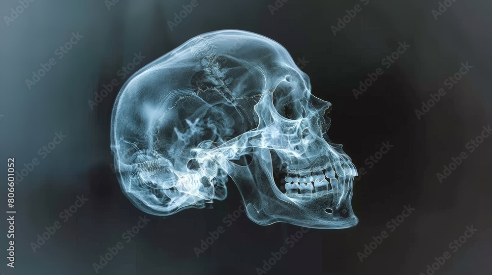 Intricate X-Ray Image Unveiling Human Skull Anatomy in Dark Setting Intricate X-Ray Image Unveiling Human Skull Anatomy in Dark Setting