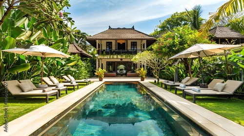 The inviting exterior of a tropical villa with a pool surrounded by a manicured garden and sun beds