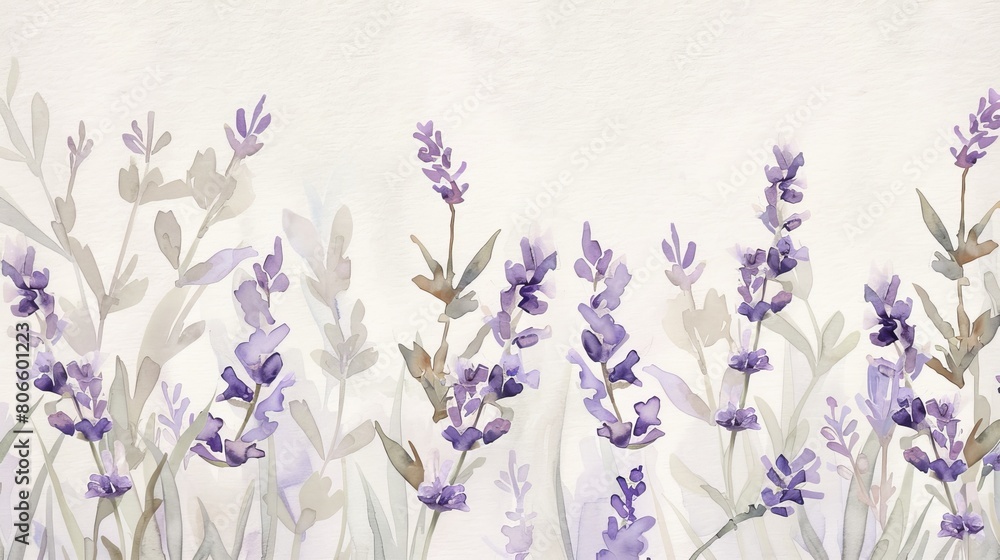 Naklejka premium Gentle watercolor illustration of lavender sprigs against a soft white background, their soothing presence ideal for a peaceful clinic environment