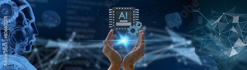 Concept, communication, AI, graphic display like global internet-connected AI, artificial intelligence Using commands to create something Future technological changes: Chatbot, chat with AI photo