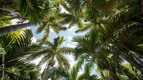 The lush canopy of palm trees over a luxury pool home s secluded cabana area  with the sky peeking through