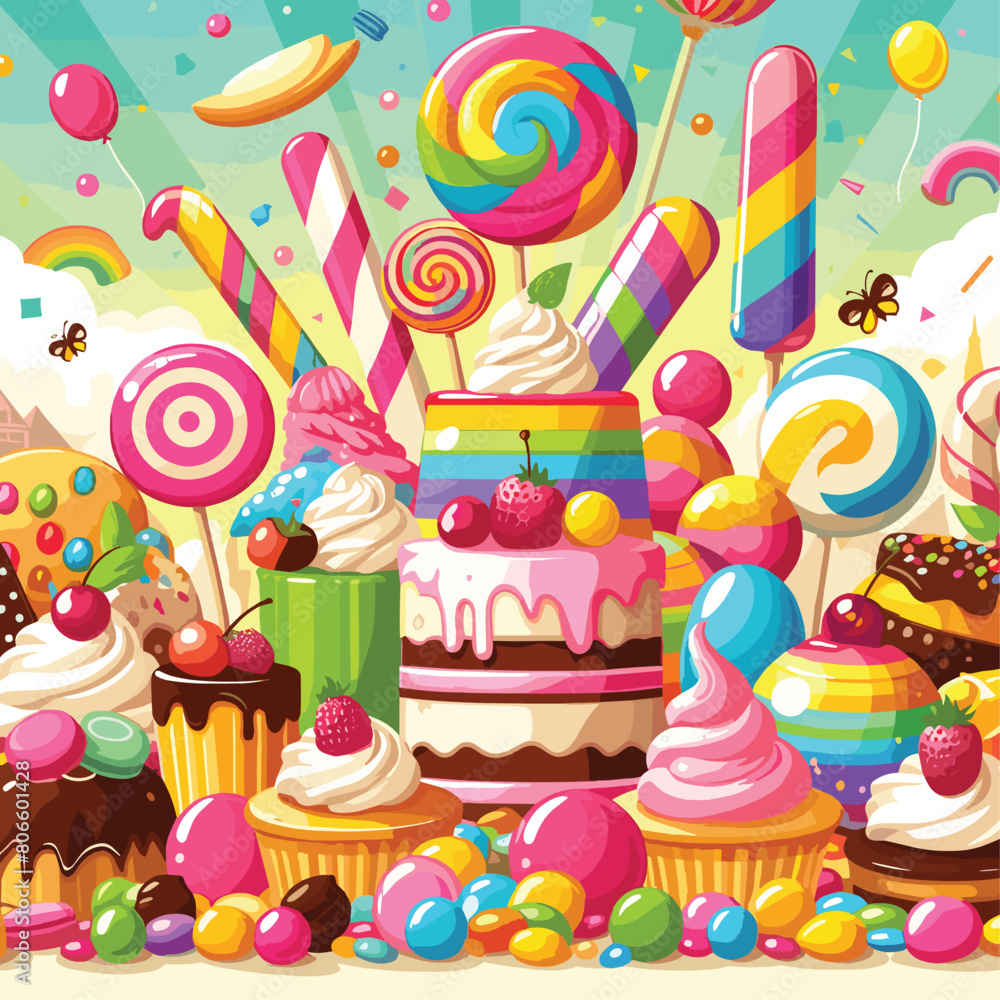 Candy land background with delicious desserts Candy land background with delicious desserts