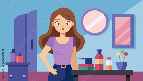 A teenage girl standing in front of her bedroom mirror experimenting with makeup and finding her own unique sense of style..