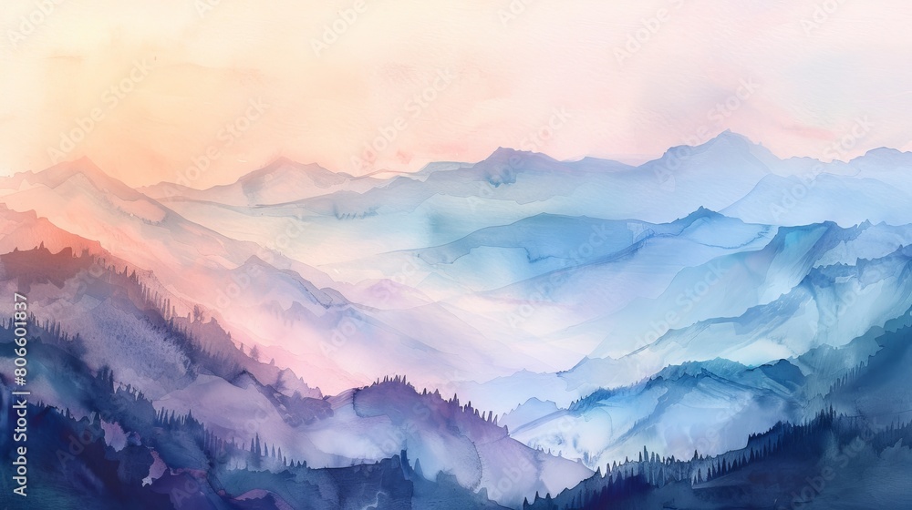 Artistic watercolor of a gentle mountain landscape at sunrise, the soft hues and peaceful scenery helping to ease patient anxiety