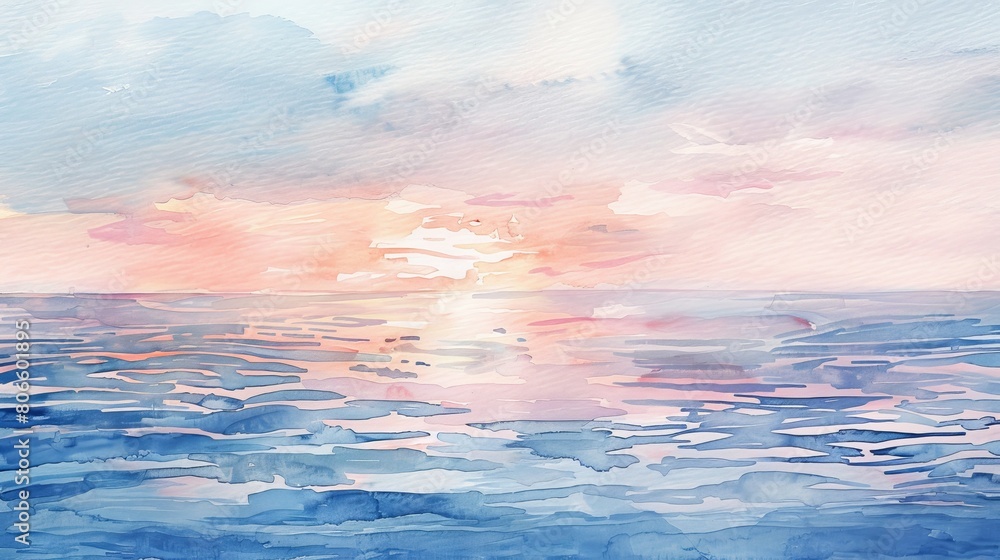 Artistic watercolor of a soft sunrise over the ocean, the horizon painted in soothing pastels to ease patient anxiety