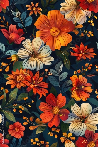 Various colorful flowers  leaves. Hand drawn floral illustration. Square seamless Pattern. Repeating design element for printing. Template for fabrics  summer textiles  wallpaper  clothes See Less