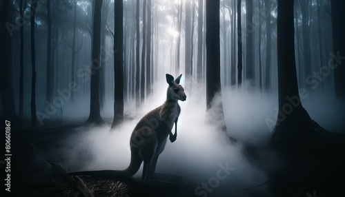 A kangaroo is standing in a forest with fog and mist. The scene is dark and mysterious, with the kangaroo being the only visible figure