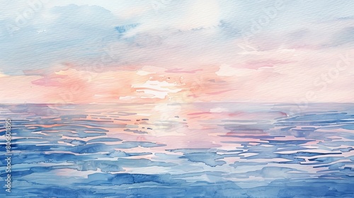 Artistic watercolor of a soft sunrise over the ocean, the horizon painted in soothing pastels to ease patient anxiety