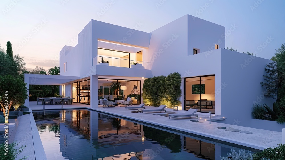 Fototapeta premium The modern allure of a white villa's exterior, with a pool that is a tranquil oasis and a garden that is a tapestry of green at dusk