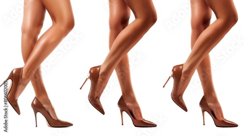 Tanned woman shows legs, high heels behind. White background, beautiful legs photo
