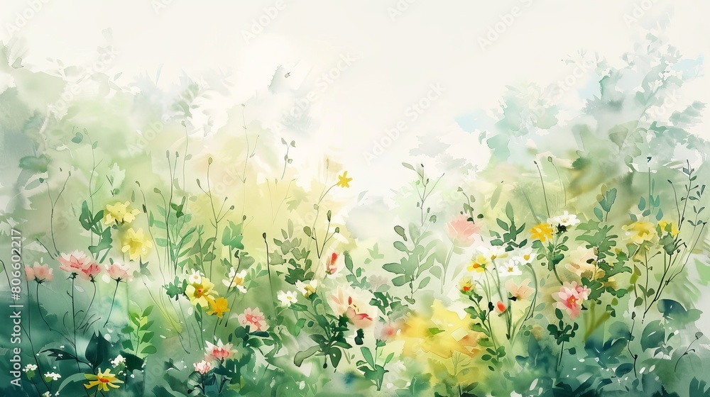 Fototapeta premium Delicate watercolor of a lush garden in spring, blooming flowers and soft, new leaves enhancing the feeling of renewal and comfort