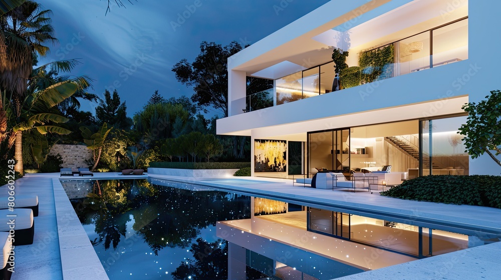 The modern charm of a white villa's exterior at night, with a pool casting reflections of the stars and a garden subtly lit